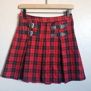 Hot Topic Red & Black Buckles Plaid Mini Skirt Pleated Punk Goth Size Women's S